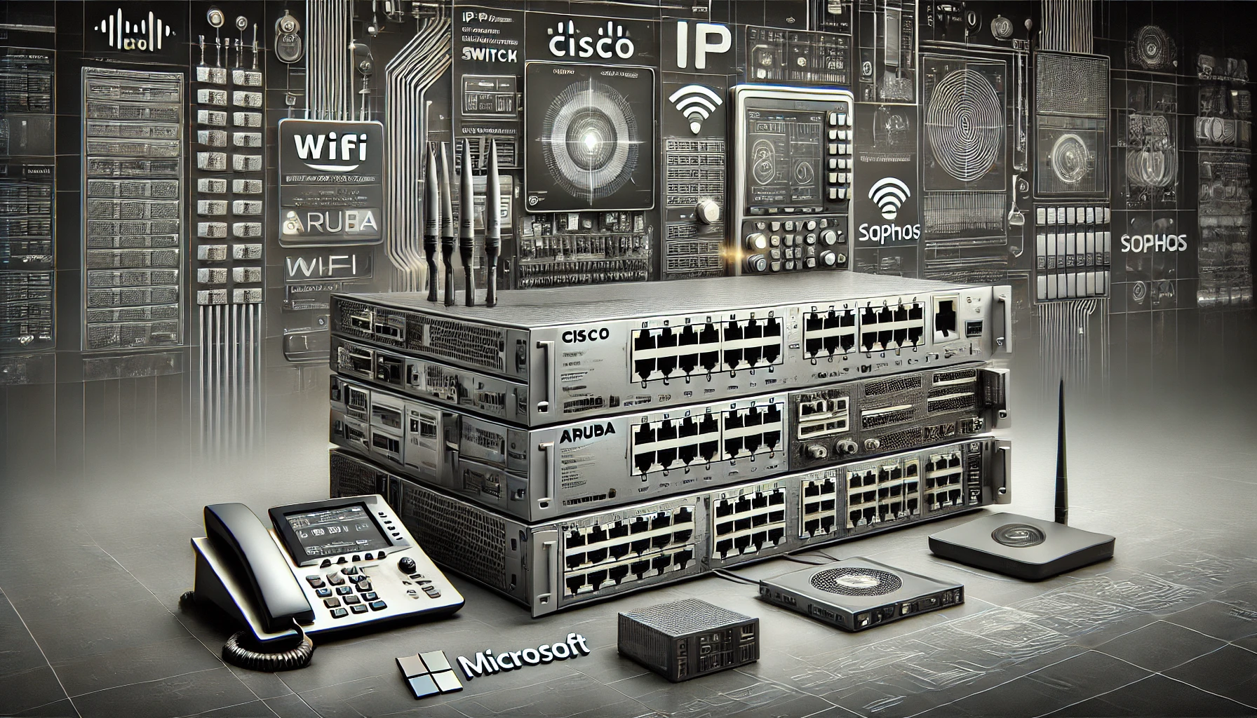 DALL·E 2025-02-10 14.38.47 - A high-resolution grayscale wide image illustrating advanced IT and cybersecurity infrastructure. The composition includes an IP Cisco switch and an A DALL·E 2025-02-10 14.38.47 - A high-resolution grayscale wide image illustrating advanced IT and cybersecurity infrastructure. The composition includes an IP Cisco switch and an A