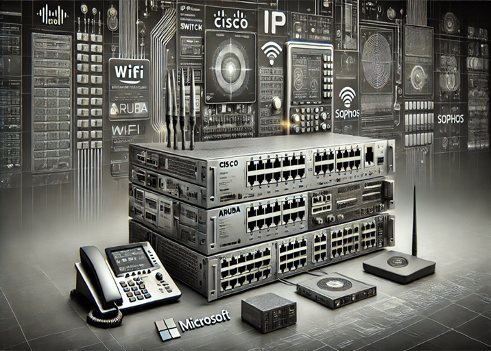DALL·E 2025-02-10 14.38.47 - A high-resolution grayscale wide image illustrating advanced IT and cybersecurity infrastructure. The composition includes an IP Cisco switch and an A