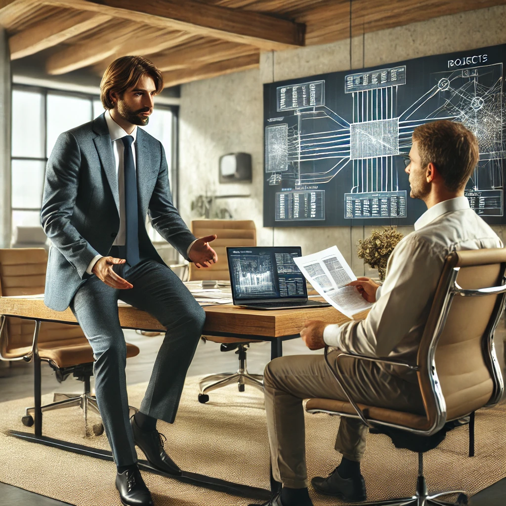 DALL·E 2025-02-13 18.40.13 - A high-definition, natural image of a Consultant Engineer meeting with a client in a modern office. The engineer is discussing technical plans, showin DALL·E 2025-02-13 18.40.13 - A high-definition, natural image of a Consultant Engineer meeting with a client in a modern office. The engineer is discussing technical plans, showin