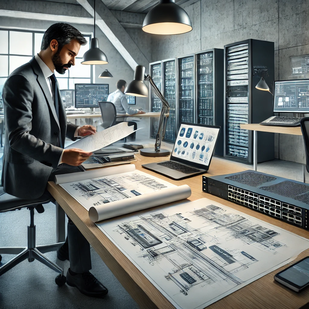 DALL·E 2025-02-13 18.42.06 - A high-definition, natural image of an Engineer studying a Network Infrastructure project in a modern office. The engineer is reviewing a detailed pap DALL·E 2025-02-13 18.42.06 - A high-definition, natural image of an Engineer studying a Network Infrastructure project in a modern office. The engineer is reviewing a detailed pap