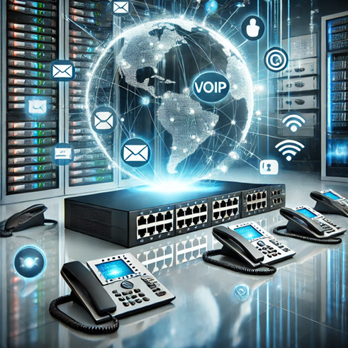 DALL·E 2025-02-16 17.03.10 - A high-definition digital illustration of a modern business communication network featuring VoIP technology, IP phones, and email messaging. The image