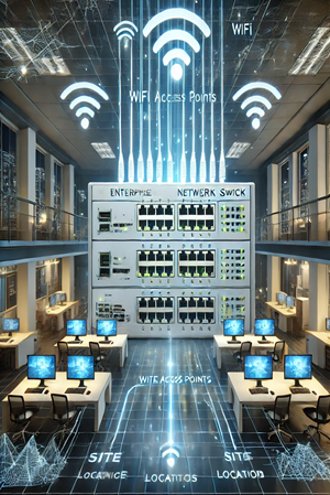DALL·E 2025-02-16 17.38.53 - A high-definition digital illustration of an enterprise network setup featuring network switches, WiFi access points, and site locations. The image shkhihilh;iouho;
