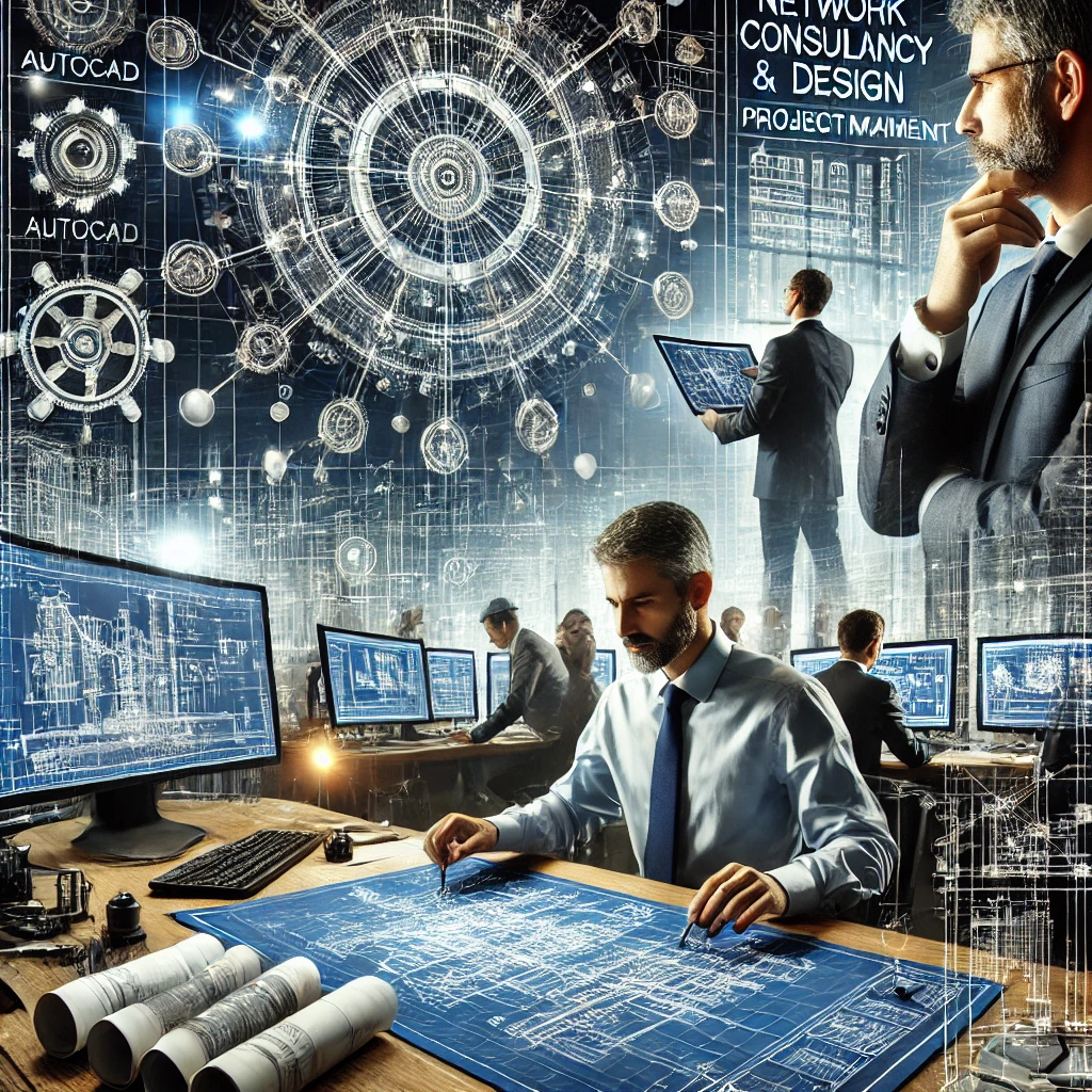 DALL·E 2025-02-17 12.39.48 - An HD image representing Network Consultancy & Design, Project Management, and Engineers working with AutoCAD. The image features a futuristic digital DALL·E 2025-02-17 12.39.48 - An HD image representing Network Consultancy & Design, Project Management, and Engineers working with AutoCAD. The image features a futuristic digital